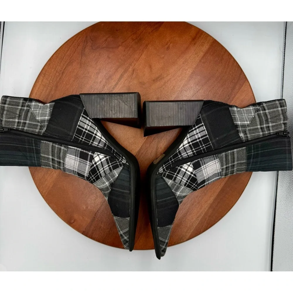 Jeffrey Campbell Siren Plaid Patchwork Ankle Boots Pointed Toe Black‎ Gray W 9